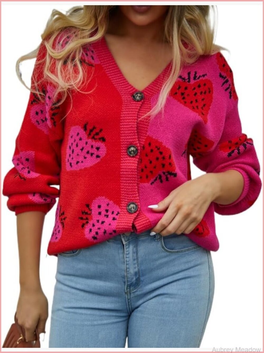 Cute Strawberry Graphic Cardigan Sweater Button Down Color Block Knit Trendy Y2K